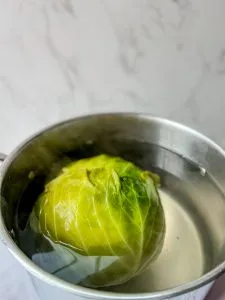 head of cabbage in pot of water