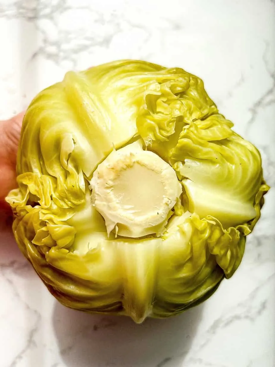 close up of head of cabbage with an octagon shape cut into the core